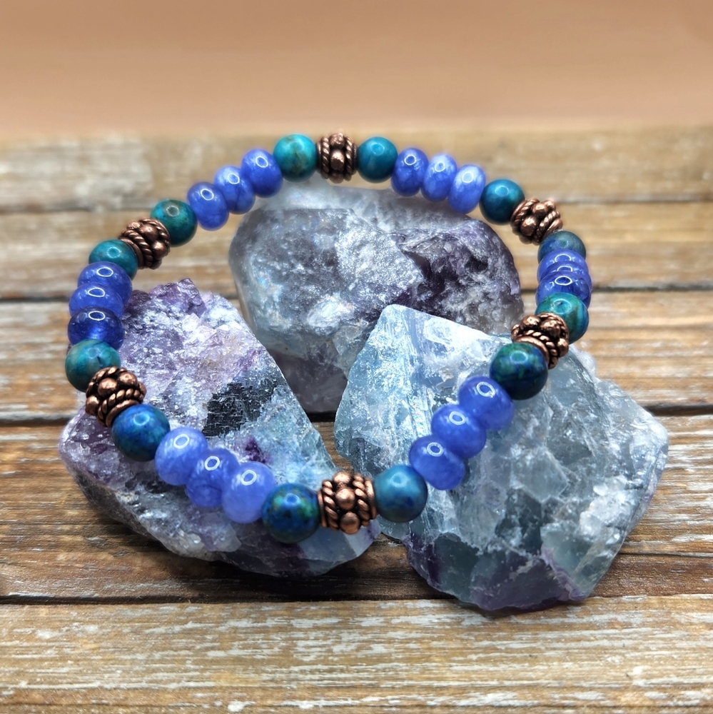 Purple Jade Chrysocholla, and Copper Beaded Bracelet
